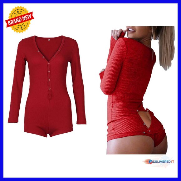 Women's Long Sleeve Bodysuit Romper Deep V Neck Knit Pajama Onesie